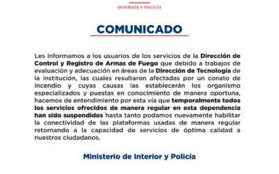 Comunicado suspension de servicios de Control y Registro de Armas de manera temporal